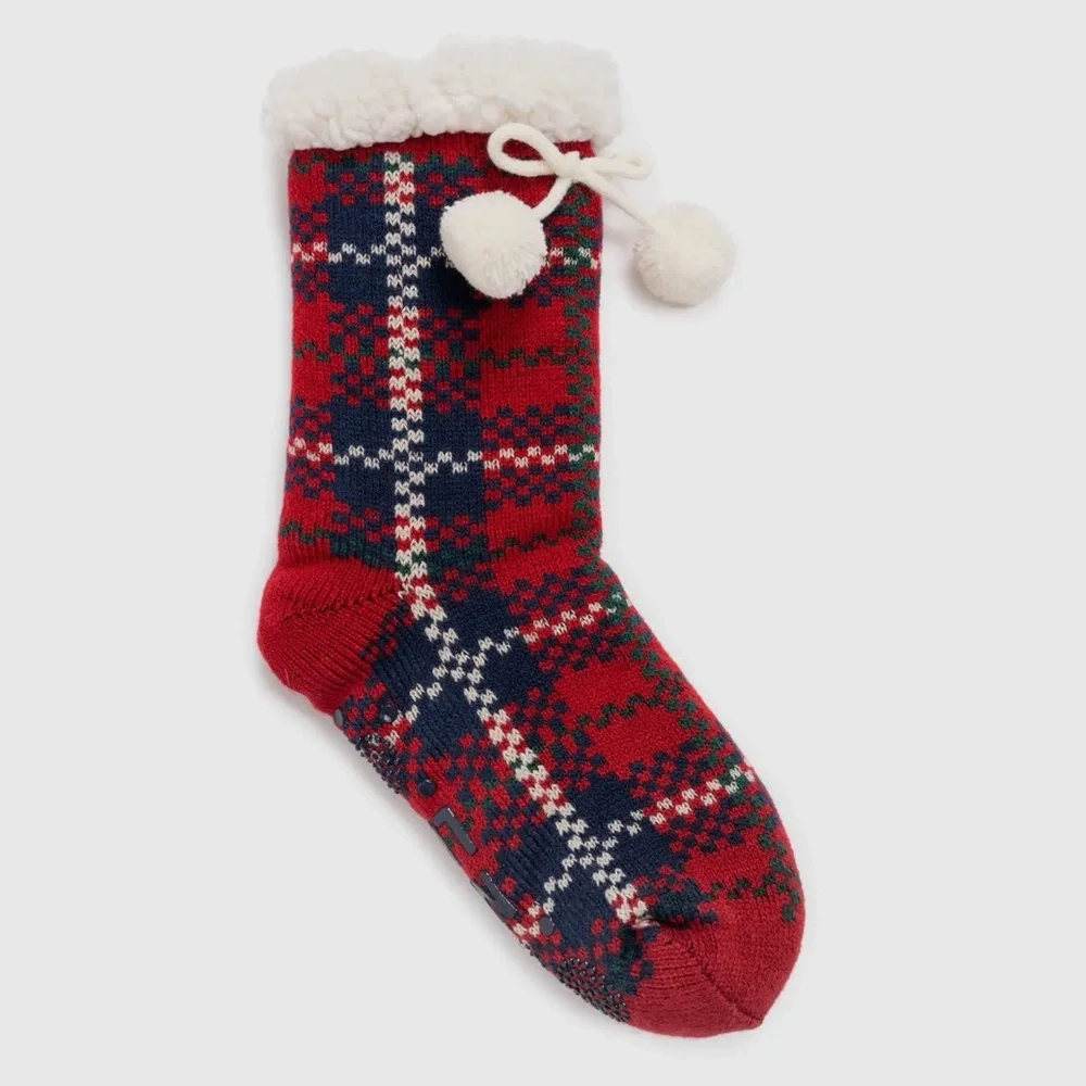 Muk Luks Red and Blue Plaid Knit Sherpa lined Cabin Slipper Socks with Pom Poms - Picture 1 of 6